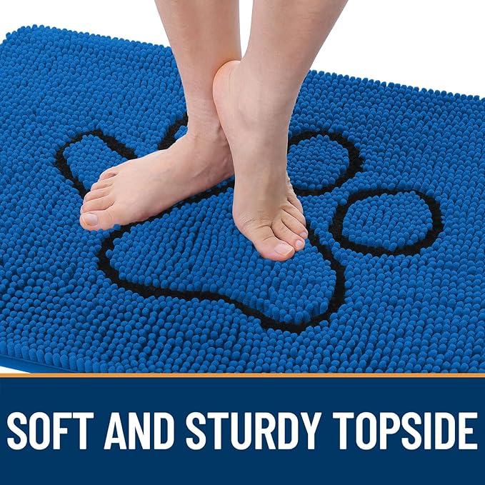 OLANLY Dog Door Mat for Muddy Paws 48x30, Paw Print Design, Absorbs Moisture and Dirt, Non-Slip Washable Doormat, Quick Dry Chenille Mud Mat for Dogs, Entry Indoor Entryway Carpet, Deep Navy Blue