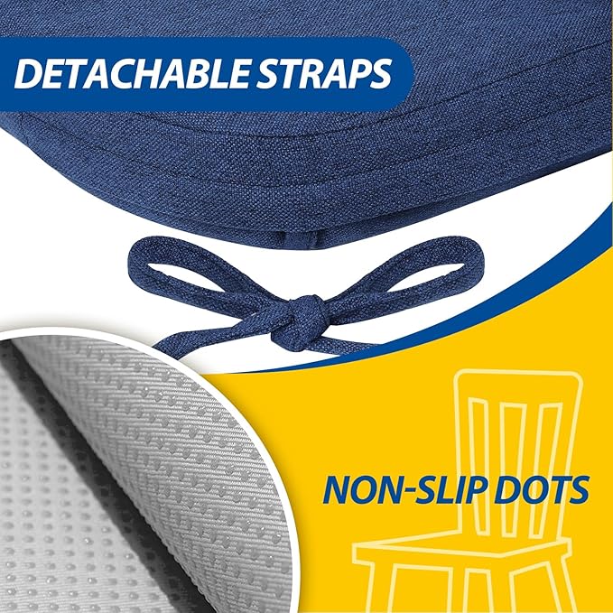 AAAAAcessories D-Shaped Chair Cushions, 2" Thick Dining Chair Pads with Ties and Removable, Machine-Washable Cover, 17" x 16", Set of 6, Blue