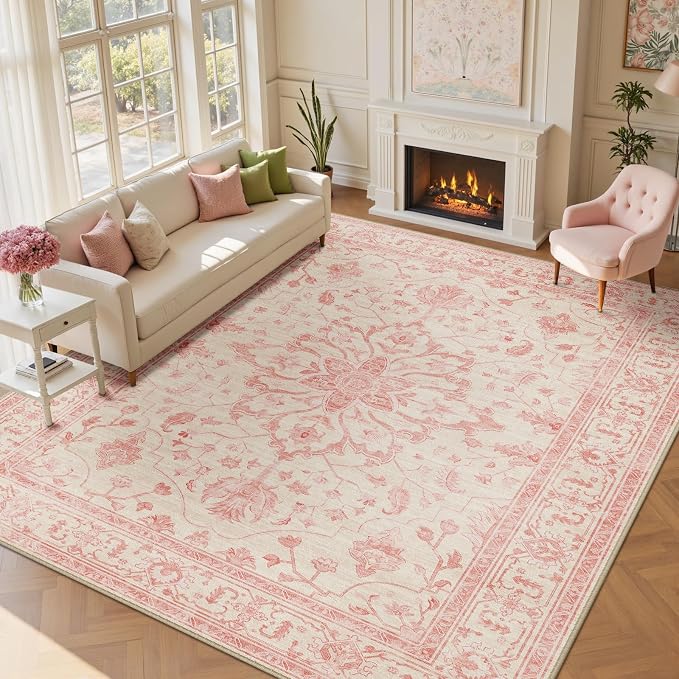 RELEANY Area Rugs Large 9'x12' Washable Non-Slip, Floral Vintage Distress Medallion Carpet for Living Room Bedroom Dining Room, Pink Light Vintage Pink