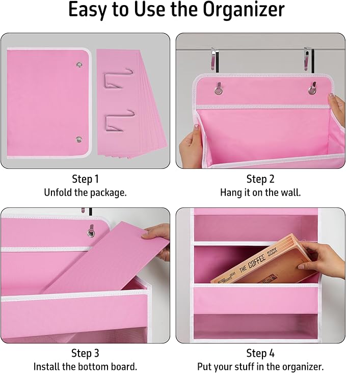 TYMENSH Pink Over Door Organizer with 5 Large Clear Pockets and 6 Side Mesh Pockets, Anti-Tilt Hanging Door Storage for Nursery, Bedroom, Bathroom, Closet, Toys, Baby Essentials