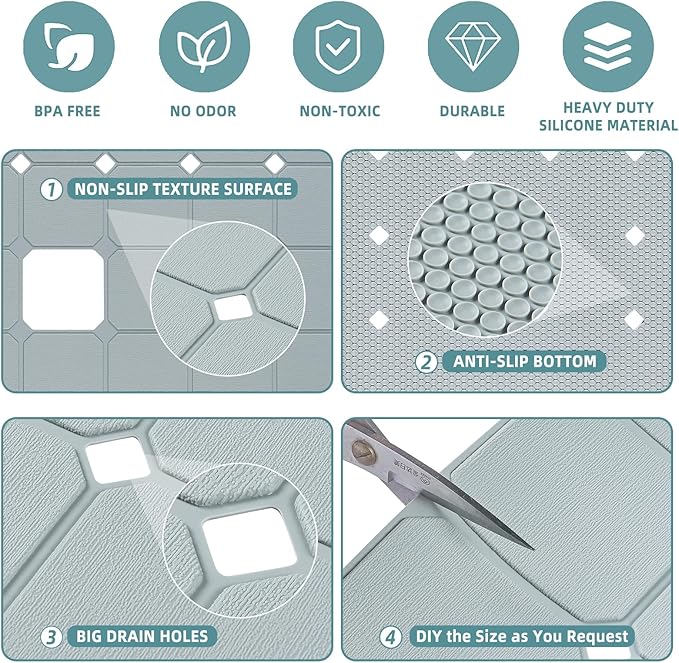 Shower Mat Non Slip Silicone Soft Odorless Bathtub Mat Non Slip No Suction Cups for Refinished,Reglazed and Textured Bath Tub Mat 24 X 24 Inch Grey