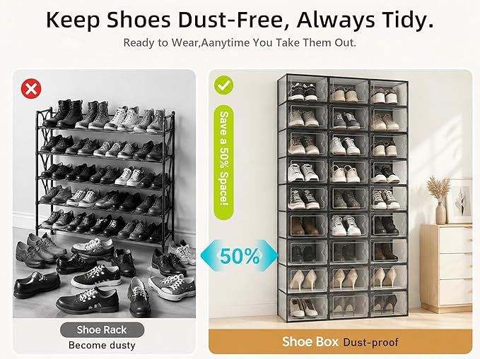 Kuject X-Large Shoe Storage Boxes Organizers Clear Plastic Stackable 12 Pack, Shoe Rack & Holder Substitute, Sneaker Containers, Toy Storage Organizer Bins for Entryway, Closet, Under Bed, Black