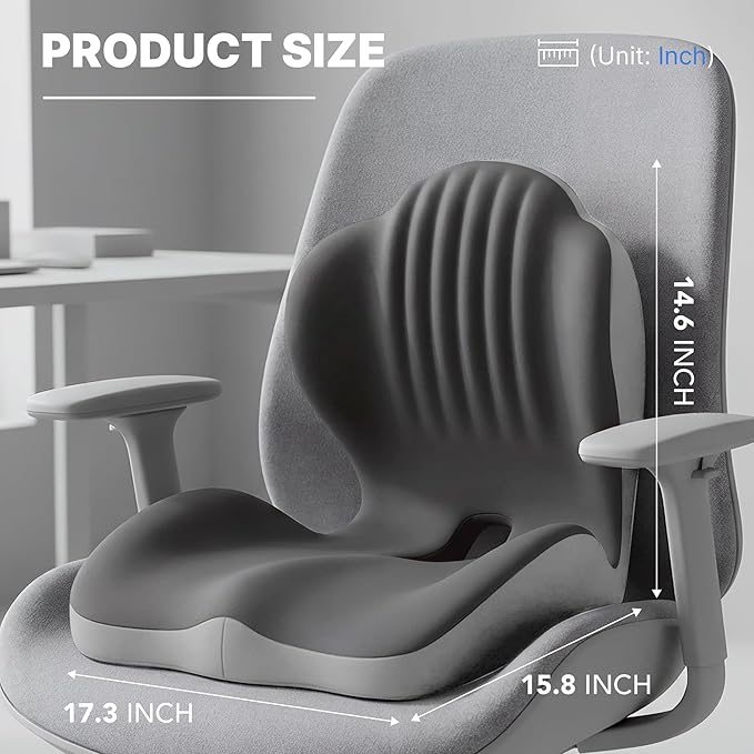 Ergonomic Seat Cushion, Office Chair Seat Cushions with L-Shaped Integrated Design, Memory Foam Orthopedic Cushion with Coccyx Hollow, Lumbar Support & Tailbone Pain Relief for Long Sitting (Grey)