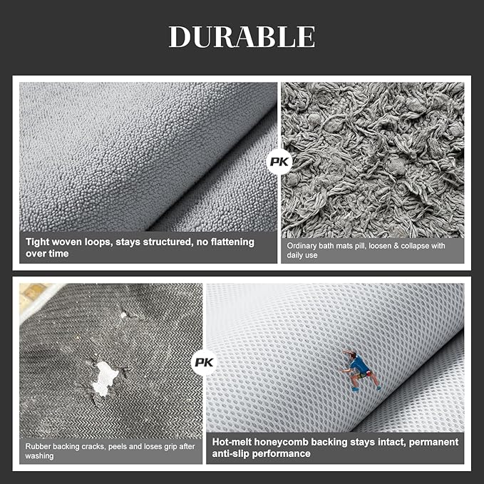 MontVoo Quick Dry Bath Mat, Super Absorbent Bathroom Rug, 3D Honeycomb Mesh Base Non Slip Bath Mats for Bathroom, Machine Washable Low Pile Bath Rug for Bathtub Front, Shower, Sink, Grey 20"x31"