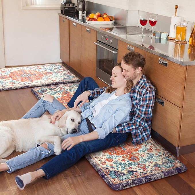 KIMODE Anti Fatigue Kitchen Mat, Boho Vintage Kitchen Rugs Sets of 2, Cushioned Non-Slip Kitchen Mats for Floor, Comfort Kitchen Floor Mats for Sink, Laundry, Desk Orange/Purple,17"x47"+17"x29"