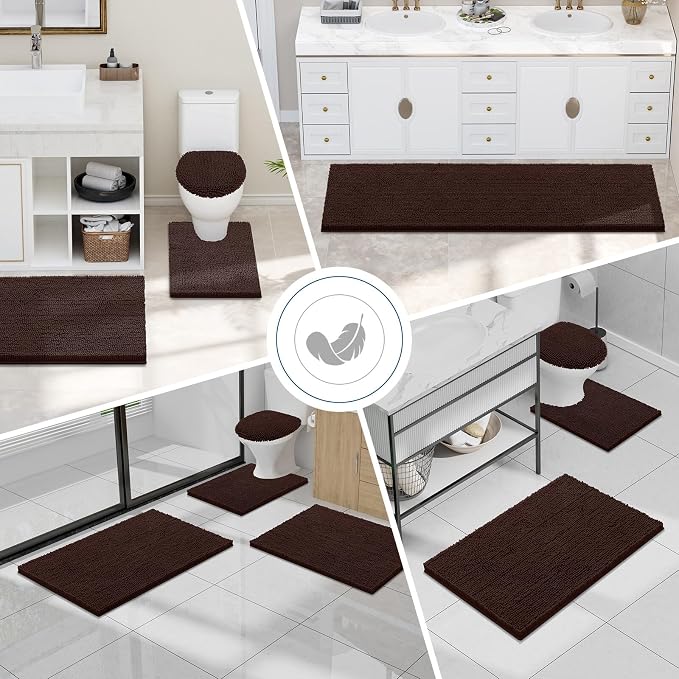 Smiry Luxury Chenille Bathroom Rugs 47x17, Extra Soft and Absorbent Shaggy Bath Mat, Machine Washable, Non-Slip Plush Carpet Runner for Tub, Shower, and Floor, Home Decor Accessories, Brown