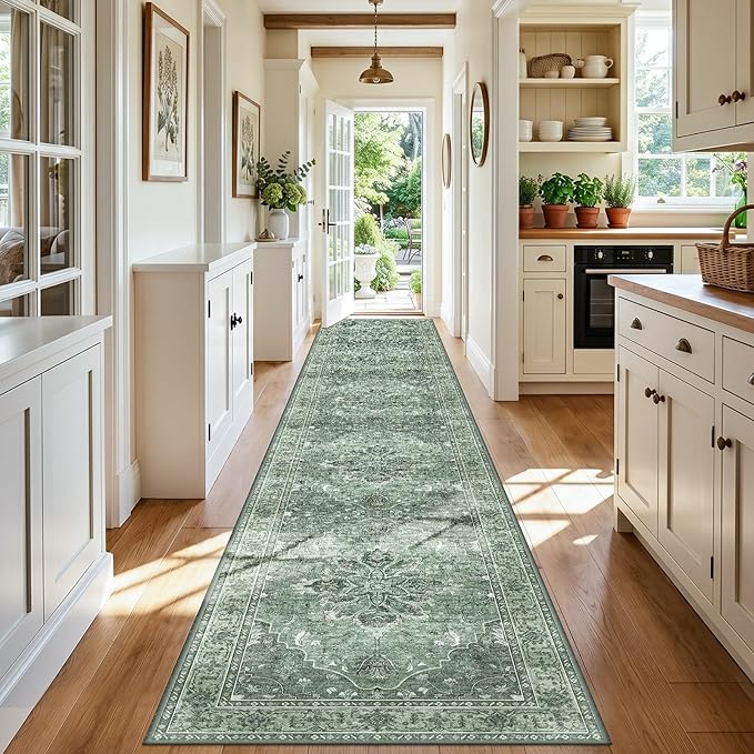 RELEANY Area Rugs Runner 3'x20' Washable Non-Slip, Floral Vintage Distress Medallion Carpet for Kitchen Hallway Bedroom Beside Laundry Room Bathroom, Dark Green Gray