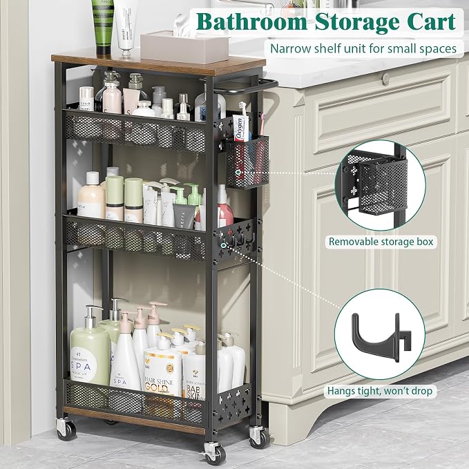 XYZLVSI Slim Storage Cart 4 Tier Laundry Cart with Wheels, Narrow Metal Kitchen Rolling Carts Bathroom Organizers Storage Shelf with Wood Rack and Handle for Small Space
