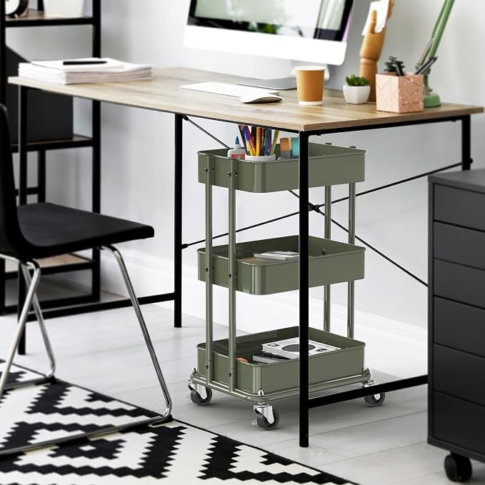 Simple Houseware 3-Tier Compact Utility Rolling Cart, Low 24” Height Fits Under Desk, Space-Saving Storage for Home Office, Dining Room, or Kitchen, Army Green