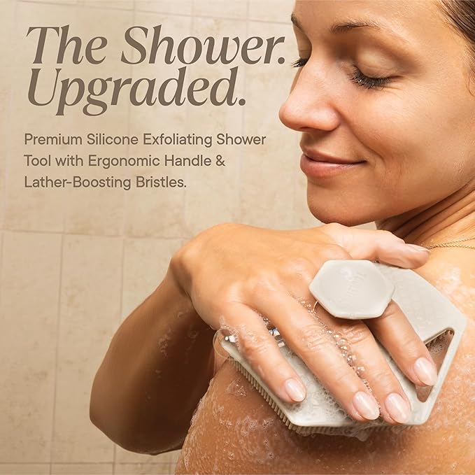 TOOLETRIES Premium Silicone Body Scrubber 2.0, Hygienic Loofah Alternative, Exfoliating Shower Scrubber for Sensitive Skin, Quick Drying & Long-Lasting Bathroom Essentials for Men & Women - Sand