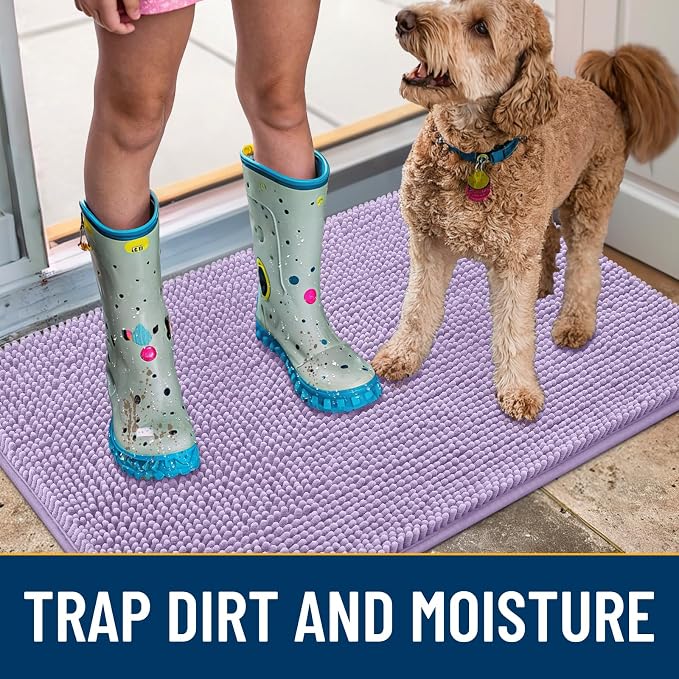 Smiry Dog Door Mat for Muddy Paws 30x20, Absorbent Dirt Trapper, Non-Slip Washable Chenille Entryway Rug for Inside Floor, Lavender, Classic Solid