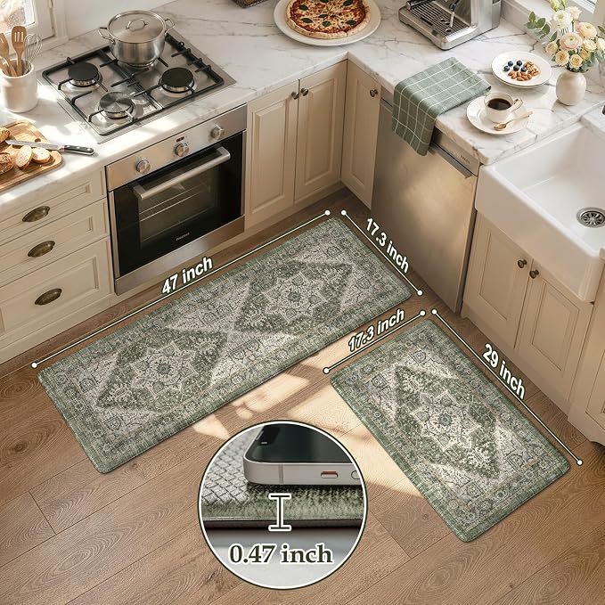 KIMODE Anti Fatigue Mats for Kitchen Floor, Green Distressed Kitchen Rugs Sets of 2, Spring Memory Foam Kitchen Mats for Floor, Waterproof Standing Mats for Sink Laundry Office Desk 17"x47"+17"x29"
