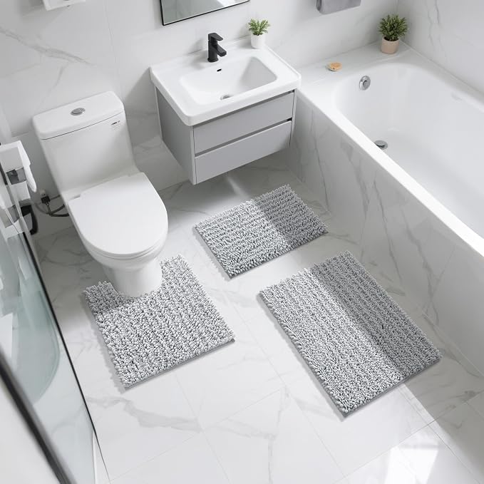 Yimobra Bathroom Rugs Non Slip Washable - Ultra Soft Absorbent Chenille Bath Mat, Quick Dry Shaggy Floor Carpet for Tub Shower, Silver Home Decor Accessories, 24x17 Inch