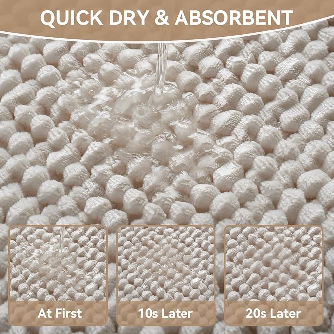 24x36 Extra Soft Chenille Bathroom Rugs - Non Slip Quick Dry Absorbent & Washable Bath Mat, Thin Low Profile Fit Under Door, Shower Mat for Outside Shower Beige