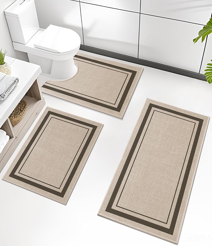 chakme Bathroom Rug Sets 3 Piece, Ultra Thin Bath Mat Absorbent, Non Slip, Machine Washable, Light Beige, 17" x 24" / 17" x 30" / 17" x 59