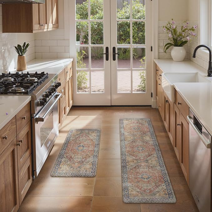 GENIMO Kitchen Mats for Floor, 2PCS Kitchen Rugs Non Slip Washable, Waterproof Anti Fatigue Mat, Comfort Standing Runner Rug for Sink, Office, Laundry, Home, 17.3"x59"+17.3"x30", RetroBrick