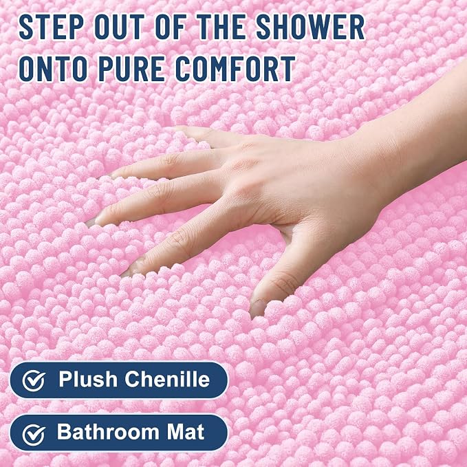Grandaily Chenille Striped Bathroom Rugs 24x16, Extra Thick and Soft Absorbent Bath Mats, Rubber Backing, Plush Shaggy Shower Carpet, Machine Wash Dry, Bath Rug for Bathroom, Light Pink