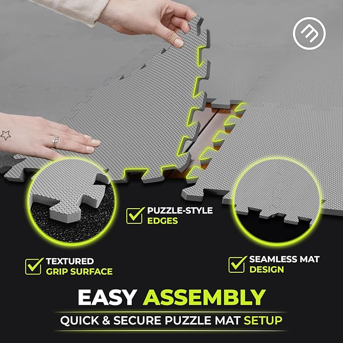 bemaxx Gym Mats Set - 18 pcs EVA Interlocking Foam Floor Tiles (12.6"x12.6"x0.4") 18sqft Protective Gym Flooring Sports Home Workout Exercise Mats Puzzle Garage Fitness Play-Room Pool Treadmill Bike