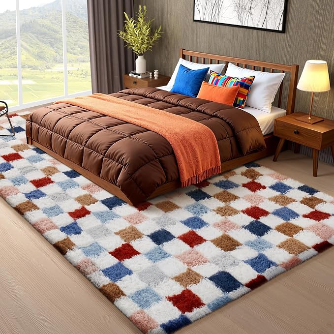 Ophanie Checkered Rainbow Rug for Living Room Bedroom, Colorful Fluffy Soft Cute Fuzzy Area Rugs, Shag Plush Shaggy Bedside Floor 8x10 Furry Carpet for Kids Teen Dorm Nursery Home Decor Aesthetic