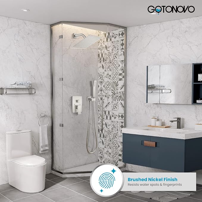 gotonovo Rainfall Bathroom Shower System Rain Shower Head and Handle Set Wall Mounted Shower Complete Combo Solid Brass Pressure Balancing Shower Mixer Valve 8 Inch Brushed Nickel