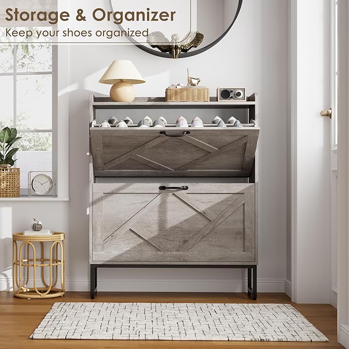 Nicetree Shoe Storage Cabinet with 2 Flip Drawers, Freestanding Shoe Organizer, Shoe Cabinet with Metal Legs, Narrow Shoe Rack Cabinet, Farmhouse Slim Shoe Cabinet for Entryway, Hallway, Rustic Gray