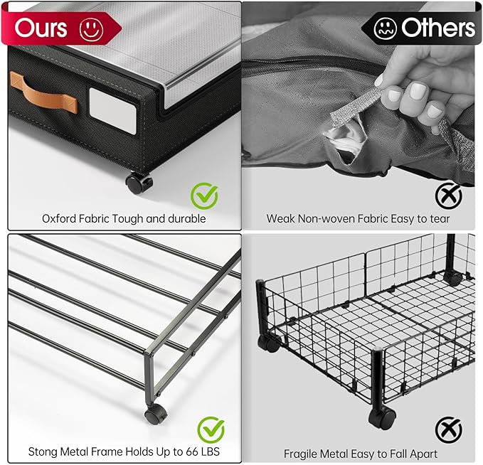 Yecaye 60 L Under Bed Storage with Wheels, 2 Pack Under Bed Storage Containers, Underbed Shoe Storage with Clear Window & Label, Rolling Under Bed Metal Drawer for Clothes, Shoes, Books, Black