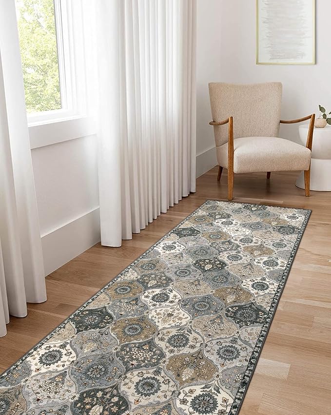 Lahome Moroccan Trellis Washable Runner Rug, 2x6 Runners for Hallways 6 Feet Non Slip Vintage Laundry Room Rug Vintage Ultra-Thin Long Carpet for Kitchen Bedroom Elise, Grey