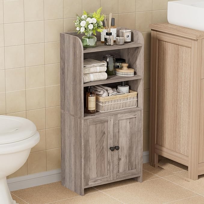 Homhedy Small Bathroom Storage Cabinet, Freestanding Toilet Paper Storage with 2 Doors and Shelves, Bathroom Organizers and Storage for Small Spaces, Laundry Room, 7.9" D x 14.6" W x 31" H, Greige