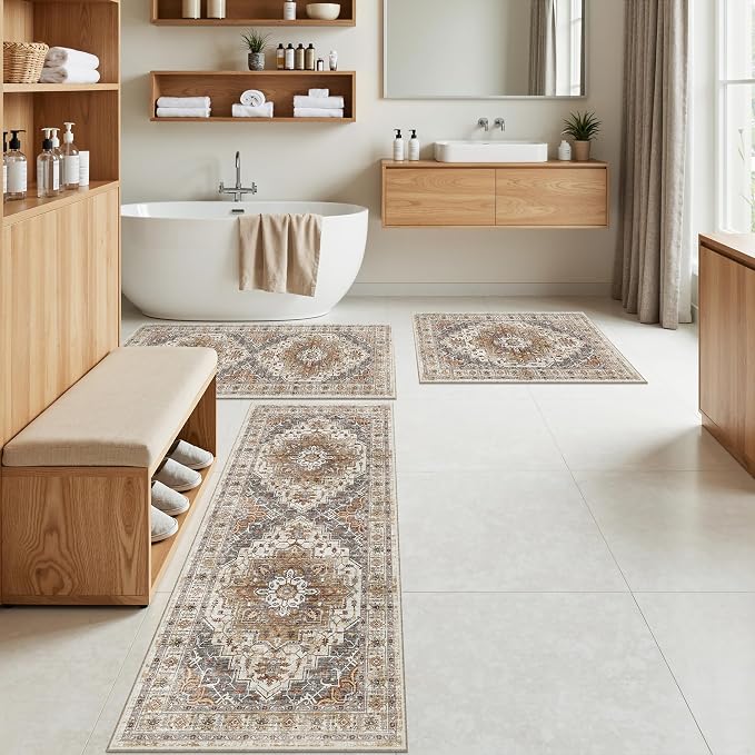 Madane Washable Kitchen Rug Set of 3, Small Area Rug Non-Slip Vintage Entryway Door Mat Indoor Entrance, Low Pile Floor Carpet Runner for Inside Front Door Entry Laundry (2x3+2x4+2x5, Turmeric/Grey)