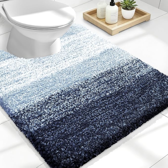 OLANLY Luxury Toilet Rugs U-Shaped 24x20, Extra Soft and Absorbent Microfiber Bathroom Rugs, Non-Slip Plush Shaggy Bath Mat, Machine Wash Dry, Contour Bathroom Mats for Toilet Base, Navy Blue