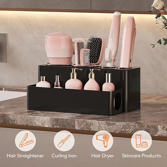 Lifewit Hair Tool Organizer Countertop, Removable Blow Dryer Holder for Bathroom, Acrylic Hot Tools Organizer Storage for Curling Iron, Brush, Straightener, 4 Stainless Cups, Black, 30 cm/12 inch(L)