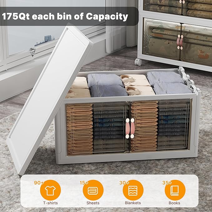 UAMFURI Stackable Storage Bins with Lids, 1050QT Closet Organizers and Storage with Doors and Wheels, Extra Large Storage Cabinet, Collapsible Plastic Drawers for Bedroom Office Garage