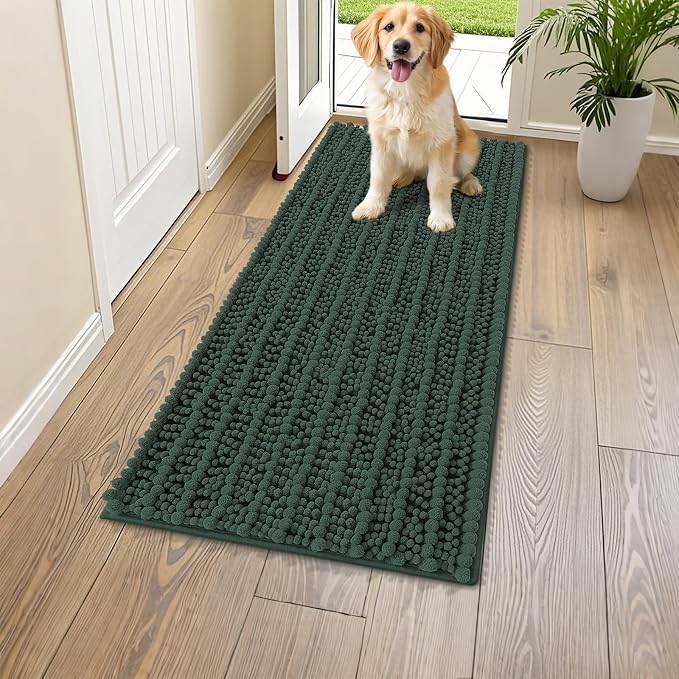 Smiry Dog Door Mat for Muddy Paws 47x24, Absorbent Dirt Trapper, Non-Slip Washable Chenille Entryway Rug for Inside Floor, Green, Layered Pattern