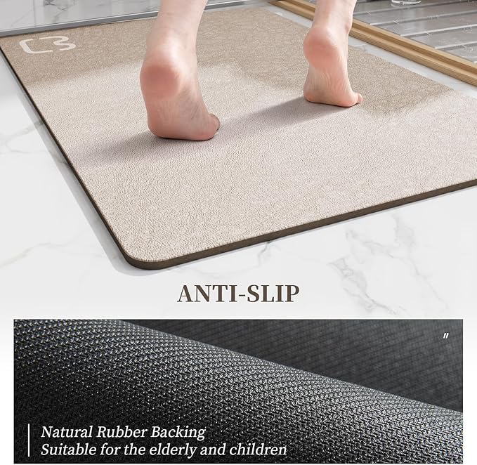 Taupe Bath Mat Rugs 17 x 32 - Quick Dry Super Absorbent Diatomaceous Earth Bath Mat Non Slip Rubber Bottom Thin Bathroom Mat Fit Under Door, Bathroom Floor Rugs in Front of Bathtub,Shower Room,Sink