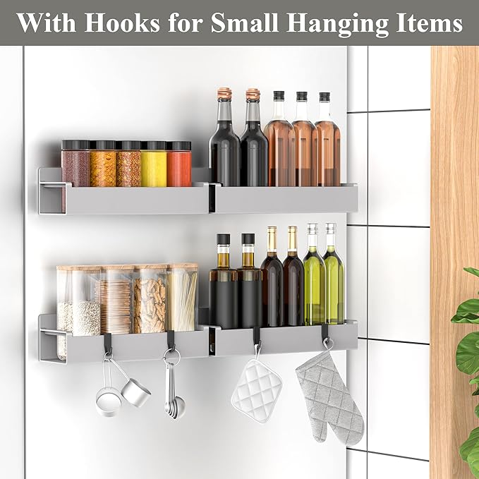HuggieGems 4 Pack Magnetic Spice Rack Organizer for Refrigerator and Oven, Light Grey Fridge Organizers and Storage for Kitchen