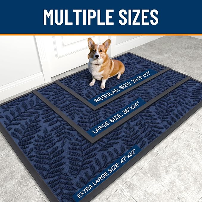 OLANLY Door Mat Indoor Outdoor Entrance, 29.5x17, Waterproof All-Weather All-Season Doormat, Sturdy Natural Rubber, Stain and Fade Resistant, Low Profile, Easy Clean Patio Entryway Mat, Navy Blue