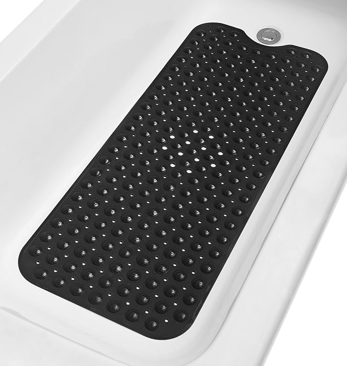 Extra-Long Non-Slip Bathtub & Shower Mat 39”x16” (Smooth/Non-Textured Tubs Only) Safe, Clean, Machine-Washable, Superior Grip&Drainage, Vinyl, Opaque Black