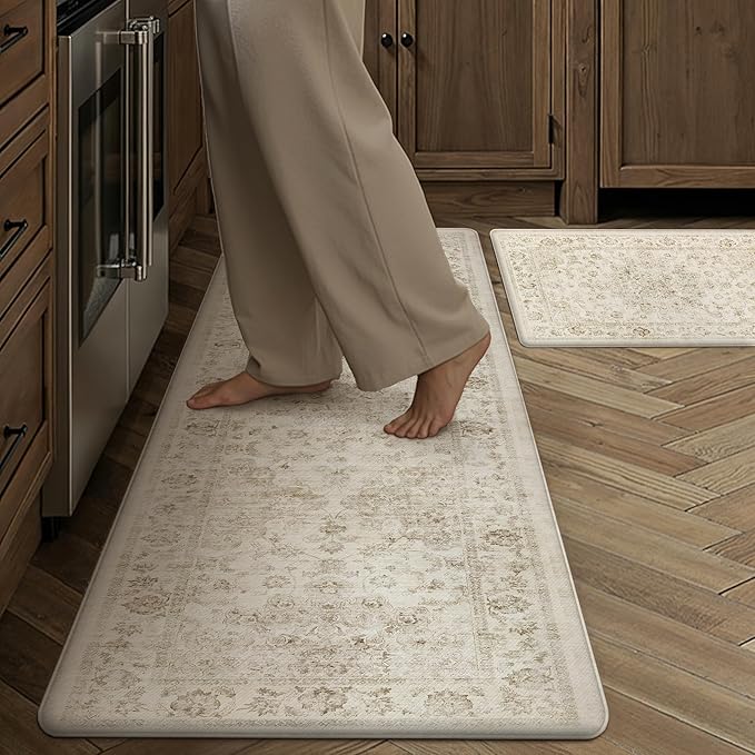 Anti Fatigue Kitchen Mats 2PCS Beige Neutral Mats for Cushioned Vintage Kitchen Matss for Floor Non-Slip Waterproof Comfort Standing Rug for Sink Laundry Office 17.3"×47"+17.3"×30"