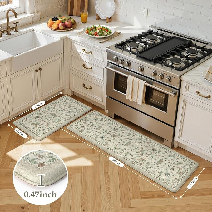 LEEVAN Anti Fatigue Mats for Kitchen Floor Non-Slip, Cushioned Kitchen Mats for Floor 17.3''x29''+17.3''x59'', Tan Memory Foam Kitchen Mat Set
