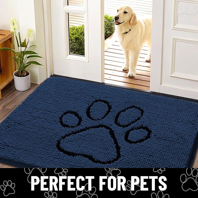 Smiry Dog Door Mat for Muddy Paws, Absorbent Dirt Trapper Non Slip Quick Dry Washable Chenille Mat for Mud Dogs, Entry Rug for Indoor and Outdoor (36x24 Inches, Dark Blue and Black)