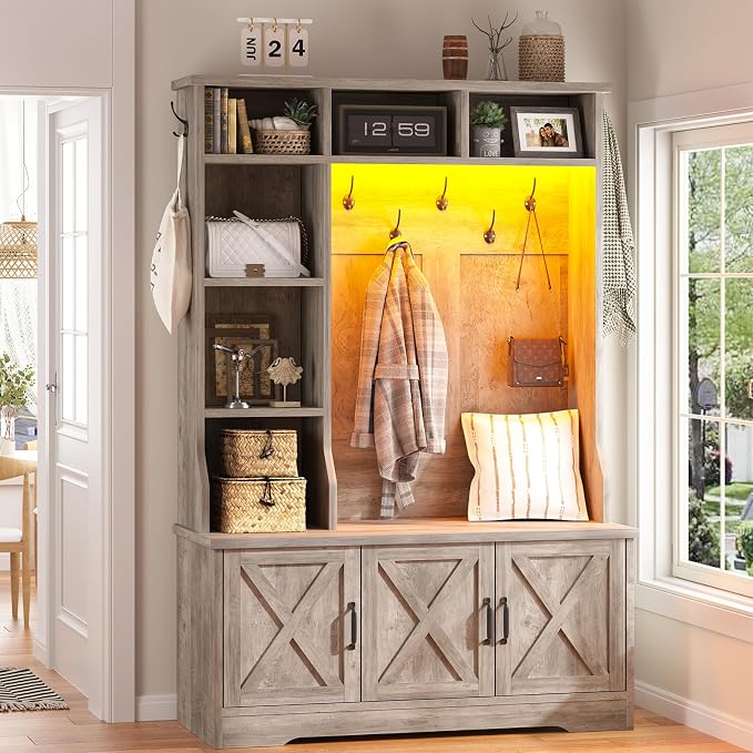 CSZZD Hall Tree with Bench and Shoe Storage, Farmhouse Entryway Bench with Coat Racks and Led Lights, Tall Hall Tree with 7 Coat Hooks, 6 Storage Cubbies, Adjustable Shelf, Gray