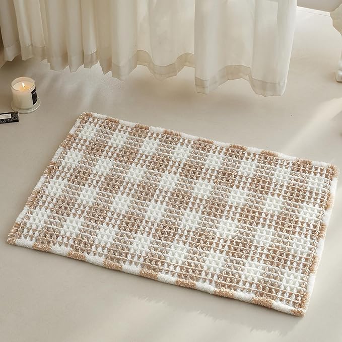 TYUU Waffle Bath Mat, Boho Bathroom Rugs Non Slip Washable Absorbent Checkered Bathroom Mat Quick Dry Farmhouse Bathroom Decor, 30"x20" Khaki and White