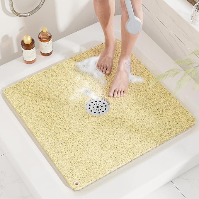 HITSLAM Shower Mat, 24x24 Inch Square Non Slip Bathtub Mat, Soft PVC Loofah Bath Mat for Tub with Hanging Holes, Quick Drying Shower Floor Mat, Without Suction Cups, Beige