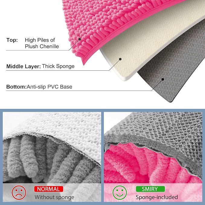 Smiry Luxury Chenille Bathroom Rugs 47x20, Extra Soft and Absorbent Shaggy Bath Mat, Machine Washable, Non-Slip Plush Carpet Runner for Tub, Shower, and Floor, Home Decor Accessories, Hot Pink