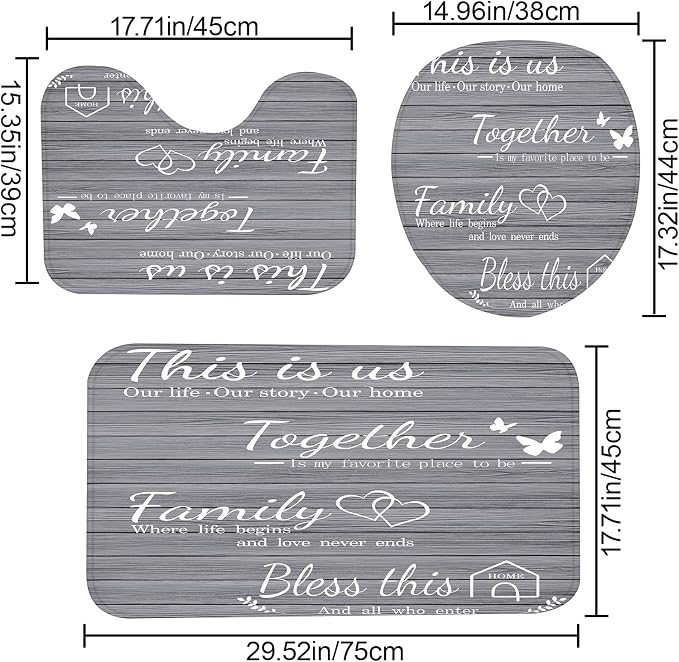 4Pcs Family Shower Curtain Sets with Non-Slip Rugs, Toilet Lid Cover and Bath Mat, Grey Home Bathroom Decor Set Accessories Waterproof Shower Curtains with 12 Hooks, 72 x 72 Inch