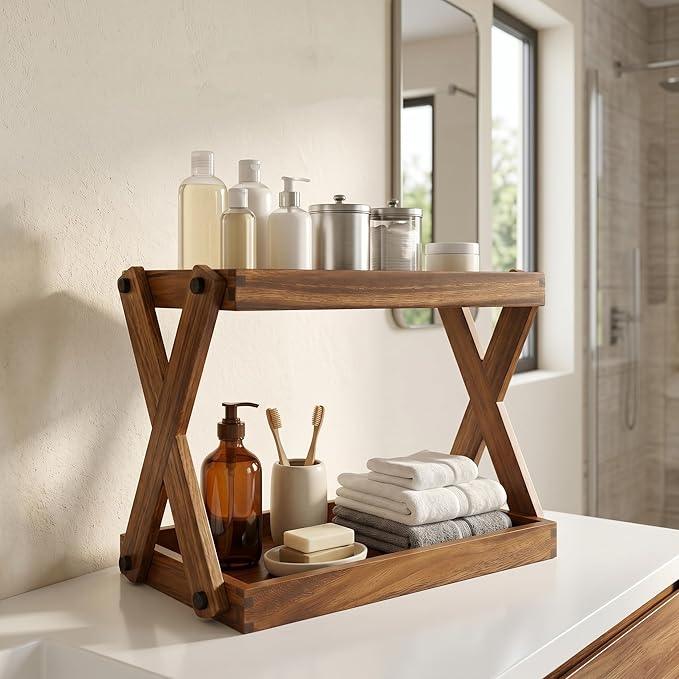 Wood Countertop Shelf Organizer, 2 Tier Wooden Shelf for Coffee Bar Accessories, Kitchen Spice Rack Organizer, Condiment Storage Caddy for Home, Office, Bathroom counter