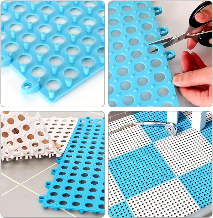 12 Pack 11.8" x 11.8" Interlocking Floor Tiles with Drain Holes Soft PVC Non Slip Shower Floor Mat Modular Interlocking Cushion Mat for Drain, Pool, Patio, Balcony, Kennel, Poultry, Floor Grid, Blue
