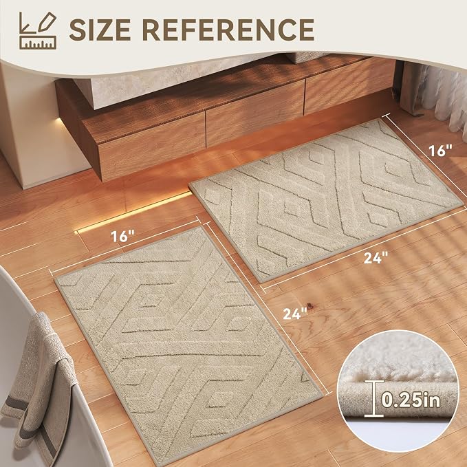 Non-Slip Bath Mat with Rubber Backing, 16x24-2pc Washable Thin Bath Mats for Bathroom Floor, Absorbent Bathroom Rugs, Quick Dry, Fits Under Door Brown