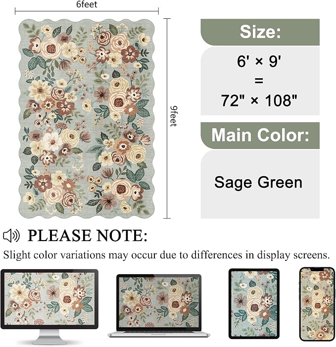 DUKINO 6x9 Area Rug, Floral Washable Rugs for Living Room with Non Slip Backing & Non-Shedding, Lightwight Low Pile Boho Design Large Carpets for Bedroom, Living Room, Dining Room, Sage Green