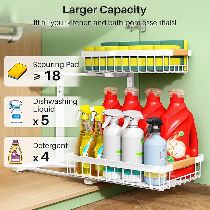 Kitstorack Under Sink Organizer, 2 Tier Under the Sink Storage, Slide out Pull out Cabinet Organizer Shelf, Metal Sliding Drawer for Kitchen Bathroom Pantry Closet Organization Rack, White, 1 Pack